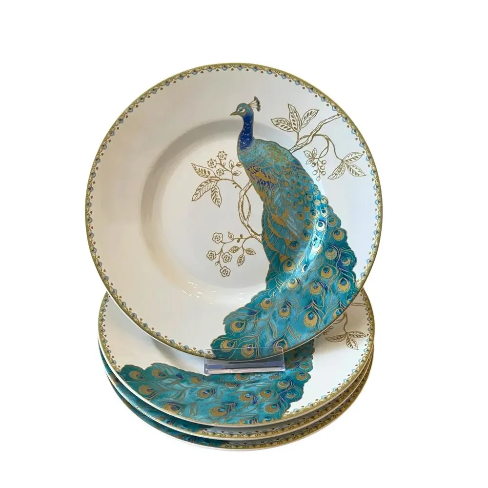 4pc 222 FIFTH Peacock Garden Porcelain Salad Plate Set Teal Gold Floral Scroll